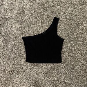 Black Ribbed One-Shoulder Top